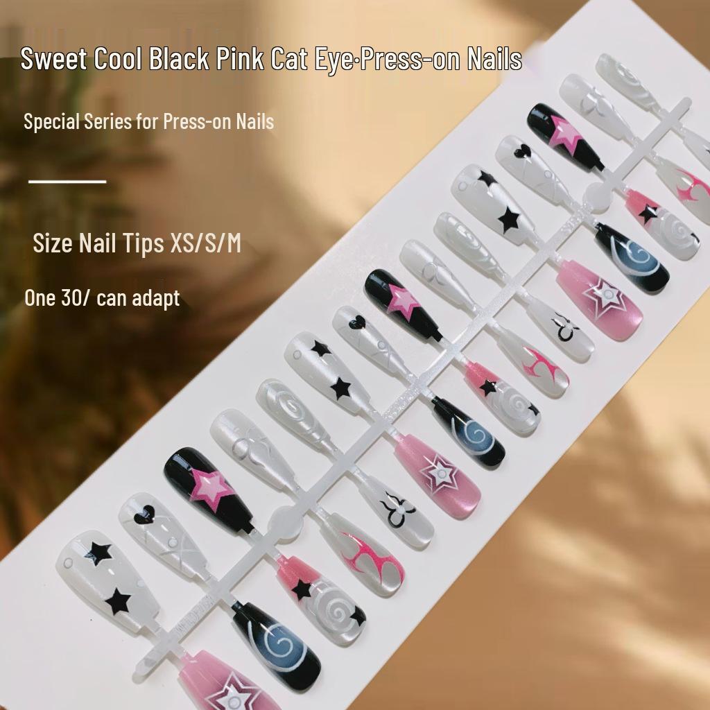 

Sweet Cool Black & Pink Cat Eye Wearable Nails: Spicy Girl Style False Nail Set