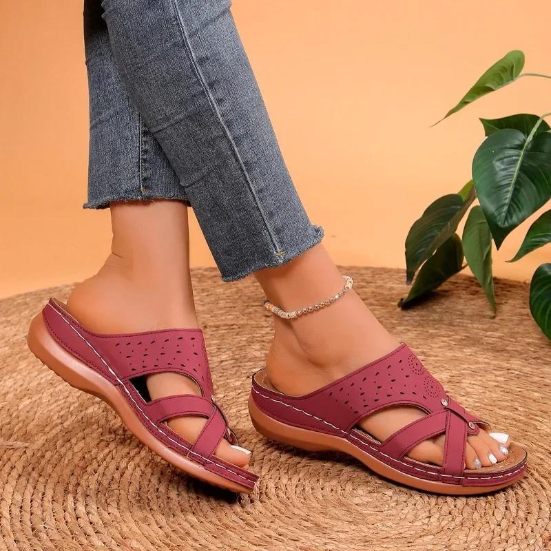 Fashion 2024 Hot Sale Shoes Female Open Toe Women Slippers Summer Rome Hollow Solid Outdoor Casual Beach Wedge Heel Large Size Slippers