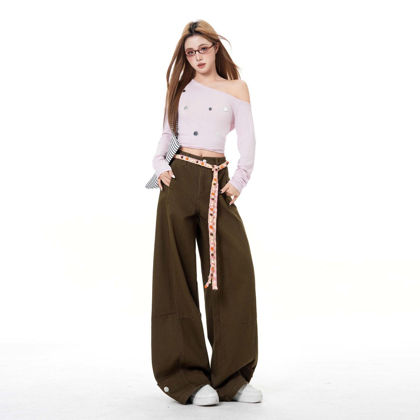 2026 Spring Women s Street Style Curved Leg High Waist Wide Leg Jeans Small