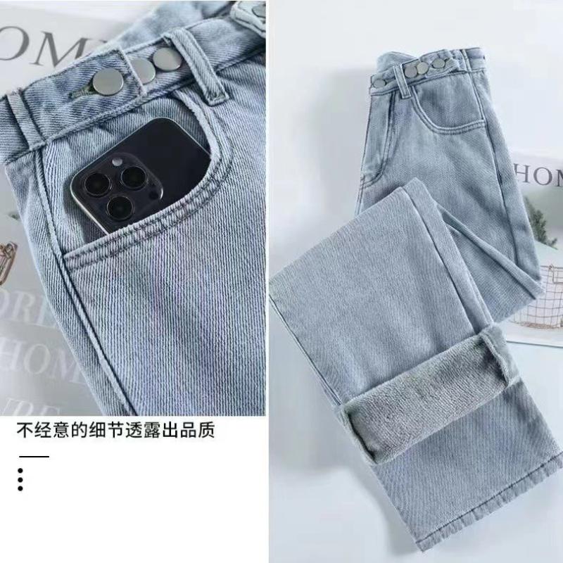 Women's High Waist Wide Leg Jeans Winter Thickened Fleece Lined  Loose Straight Long Pants Warm Casual Denim Pants