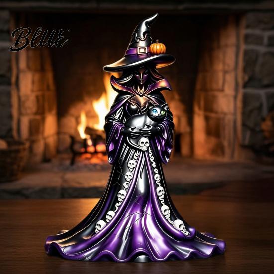 Tabletop Halloween Accent Witch Figurine  Resin Black Cat Statue with Pumpkin  Retro Party Supplies Sculpture  Gothic Ornament for Display And
