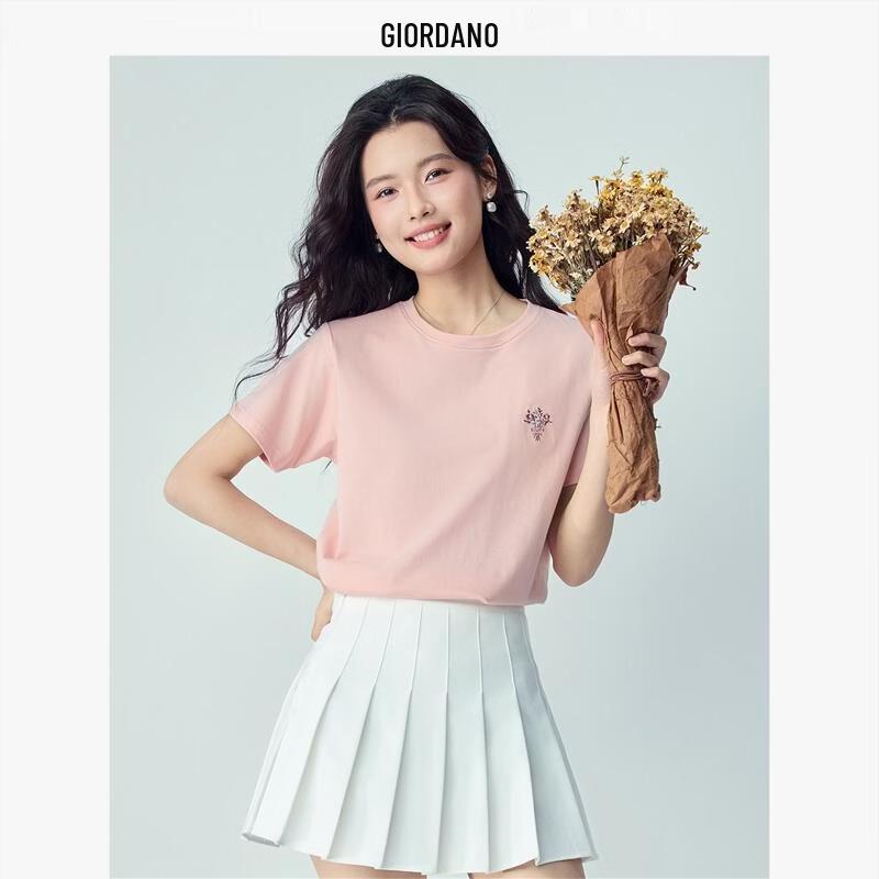 Giordano Women's Pure Cotton Bouquet Embroidered Round Neck T-Shirt