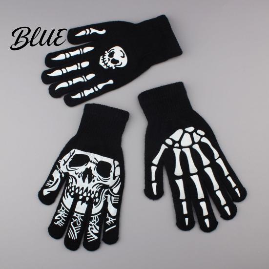 Stylish Scary Costume Accessories Halloween Glow‑In‑The‑Dark Skeleton Knit Gloves Luminous Skull Bone Print Flexible Finger Movement
