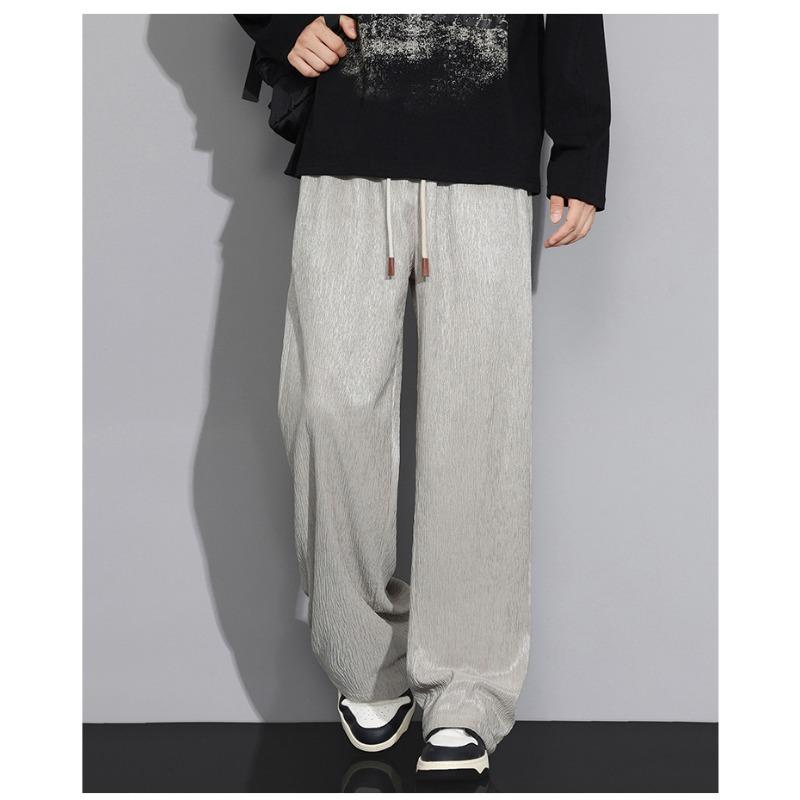 Men's White Textured Wide Leg Pants - Drawstring Waist Lightweight Casual Streetwear Trousers
