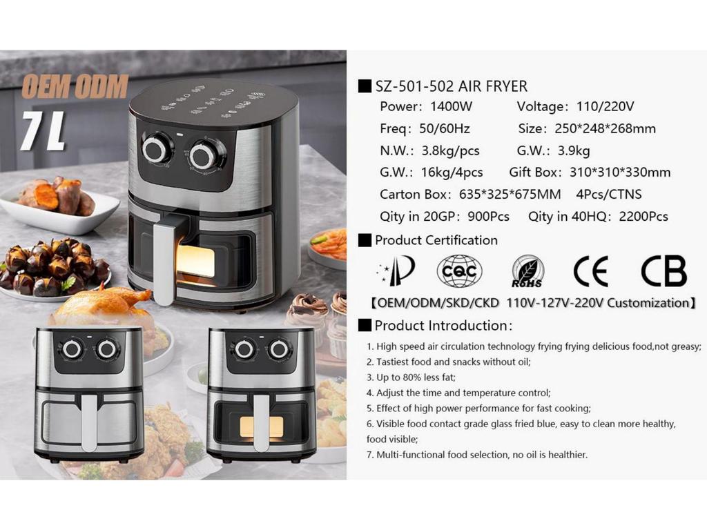 7L Smart Visual Air Fryer, Touch Control, Non-Stick Liner, Oven-Compatible, 110V/220V.