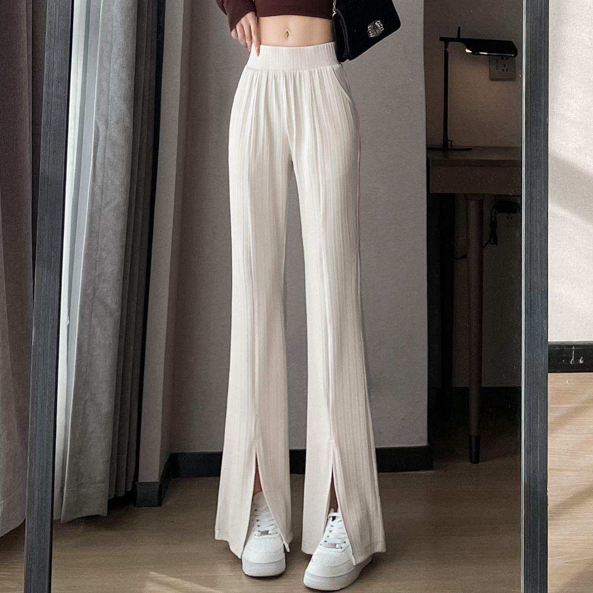 

Split Ice Silk High Waist Flare Pants - Slim, Petite, Wide-Legged, Summer Style 3XL (161-180 Jin) грязно-белый