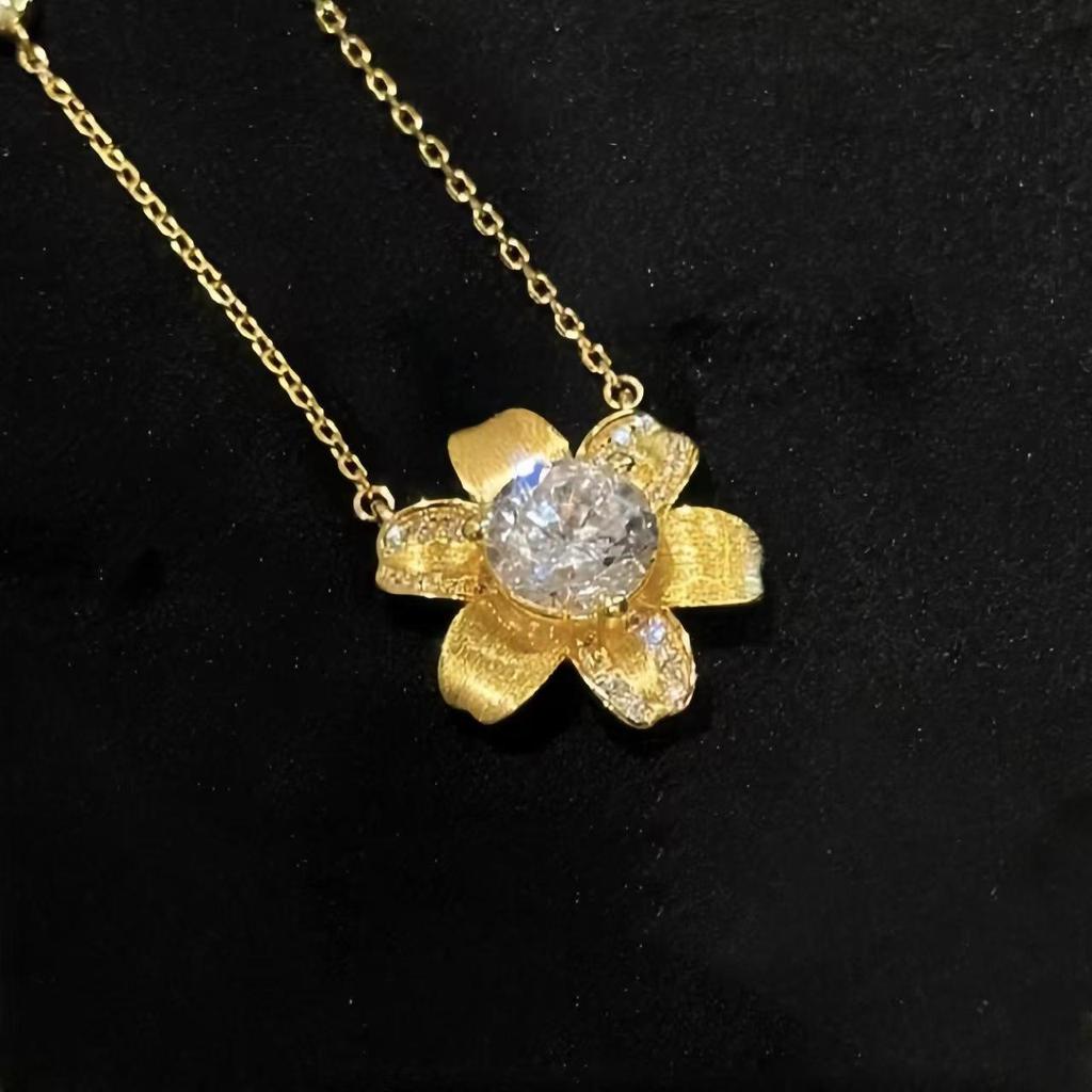 Französische Retro Sonnenblumen Anhänger Halskette & Diamant Blumen Ohrstecker, Vergoldet, Damen Luxusmode