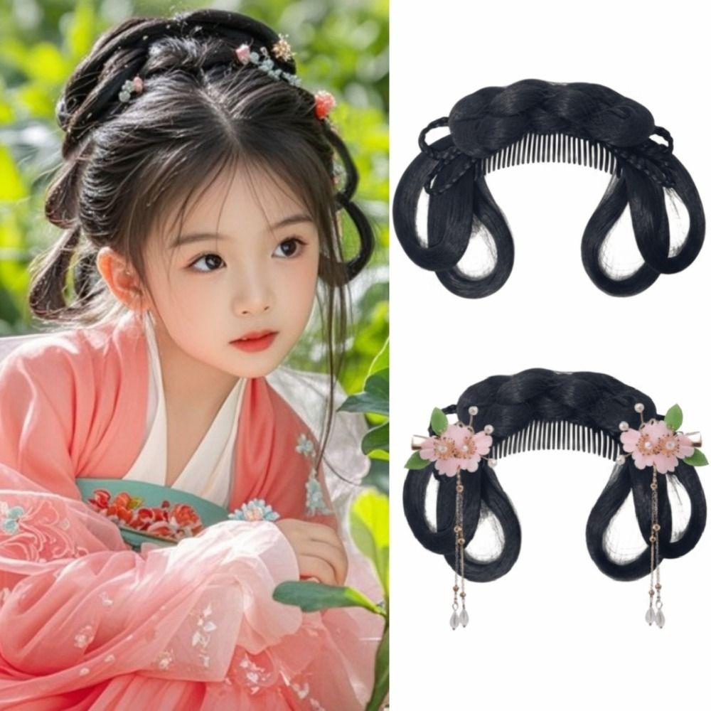 Headdress Hanfu Ancient Costume Wigs Synthetic Integrated Hair Bun Girls Chinese Chignon  for Kids