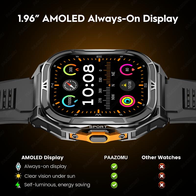 2025 New GPS Smart Watch Men 1.96-inch HD AMOLED Screen Compass Bluetooth Call 5ATM Waterproof Sport Smart Watch for Android iOS