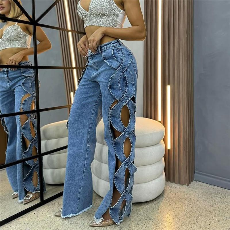 Women Streetwear Cutout Hollow Out Criss Cross Side Wide Leg Blue Denim Pants 2026 Fashion Sexy Party Jeans Trousers