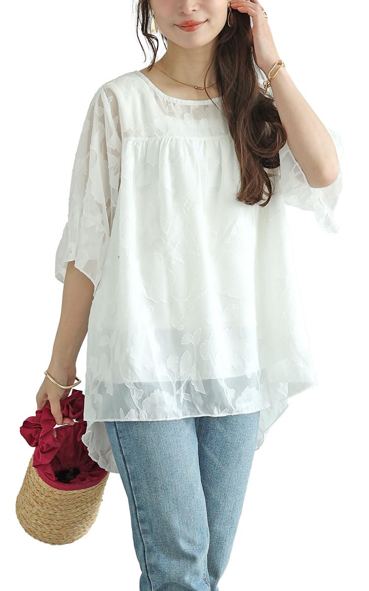 

Plus Size Tops Blouses Short Sleeve Sleeve Jacquard Lace Sheer Elastic Summer Outfits Summer Spring Autumn nh240323 3L White [Gold Japan] Women s 5/8 белый