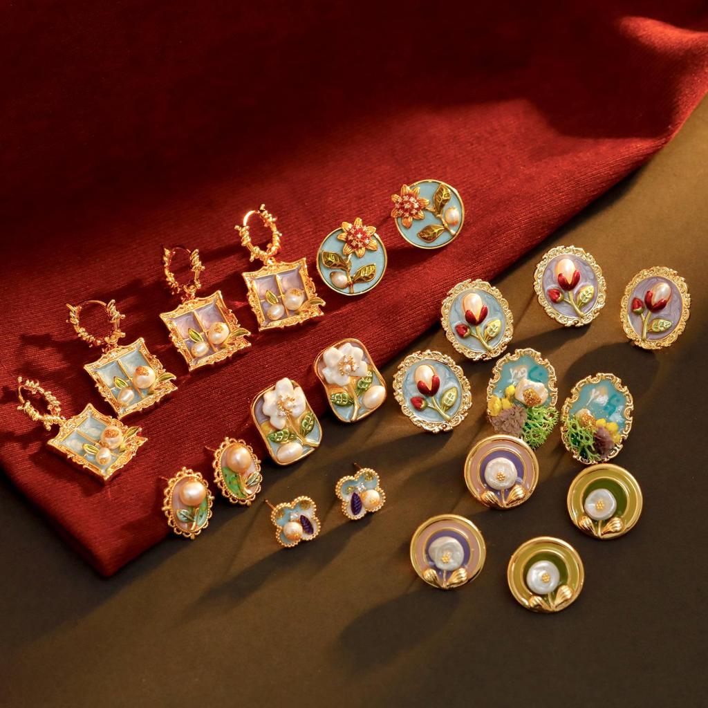 Cercei Originali Noi Stil Chinezesc Trifoi Perle Email Pictură în Ulei