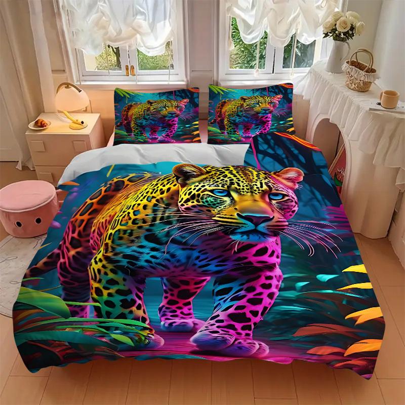 3-teiliges Bettwäsche-Set mit Neon-Leopardenmuster, Weiche und bequeme Bettdecke, Gästezimmer (1 * Bettbezug + 2 * Kissenbezug, ohne Kern) yy251104176