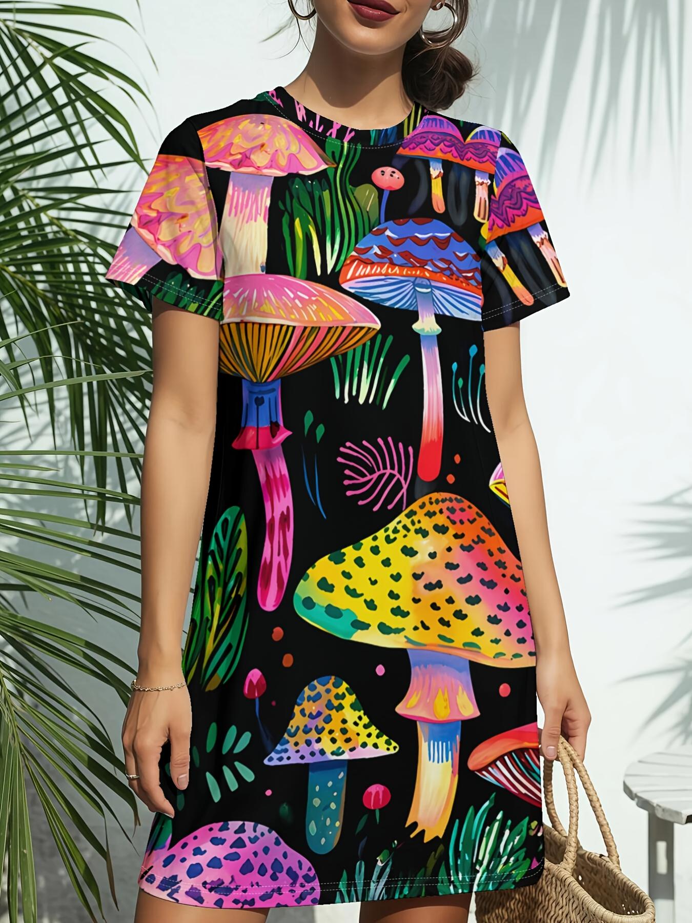 

MushroomNew Women s Short Sleeve T-Shirt Dress - Round Neck Casual -Line Dress with Print (Suitable for Daily Wear. Dates ; Birthday Gifts) Spring Su M дубильная кора
