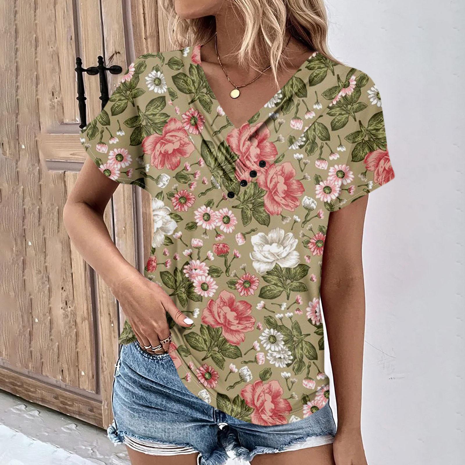 

Летние женские топы с цветочным узором для женщин, удобные женские топы с v-образным вырезом и короткими рукавами, футболки большого размера L