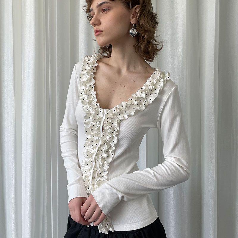 Autumn/Winter Spicy Girl Slimming Long-Sleeve Cropped T-shirt for Women Small белый