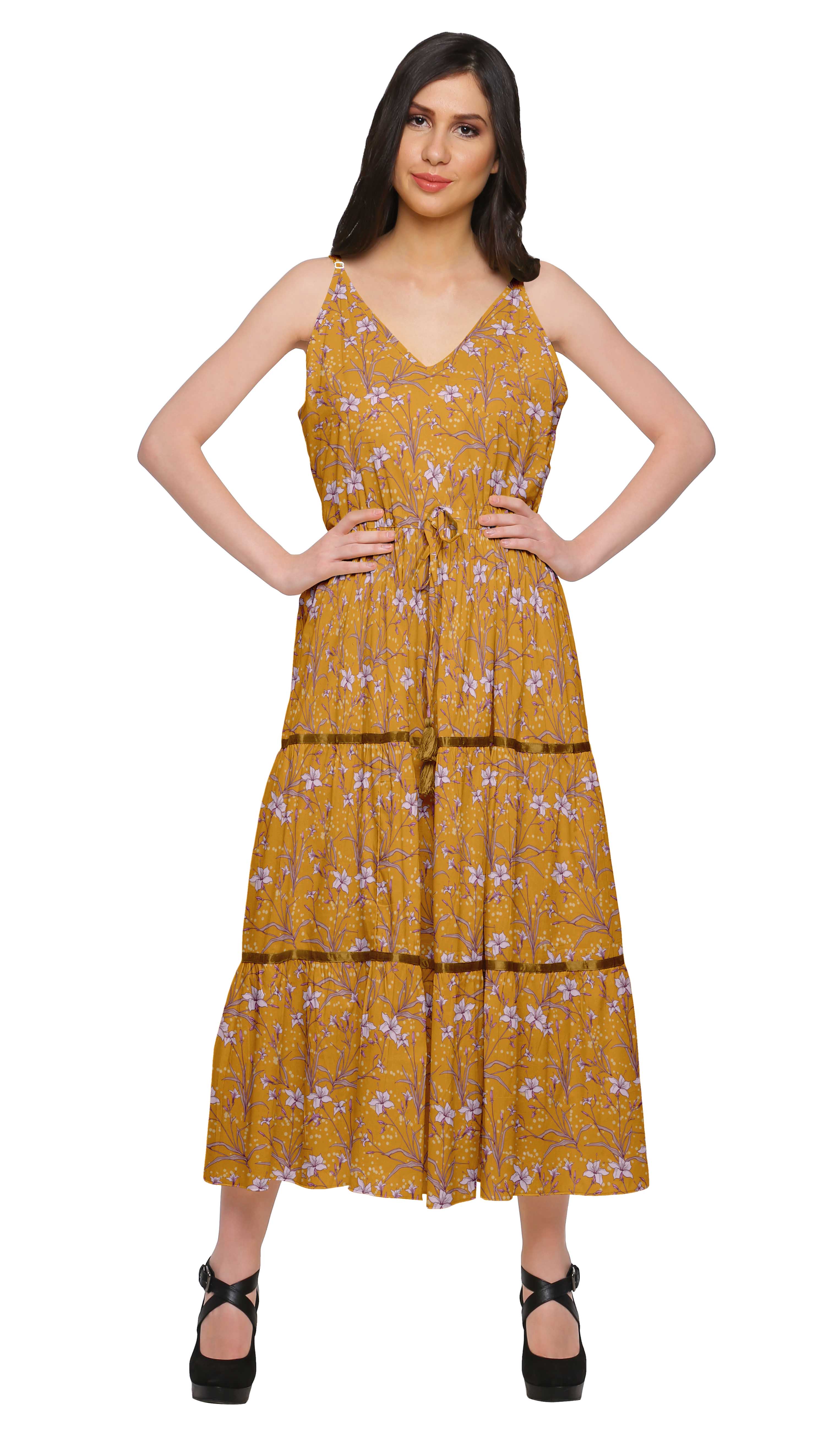 

Moomaya Cotton Casual Sleeveless Spaghetti Strap V-Neck Long Dress For Women XS помаранчевий