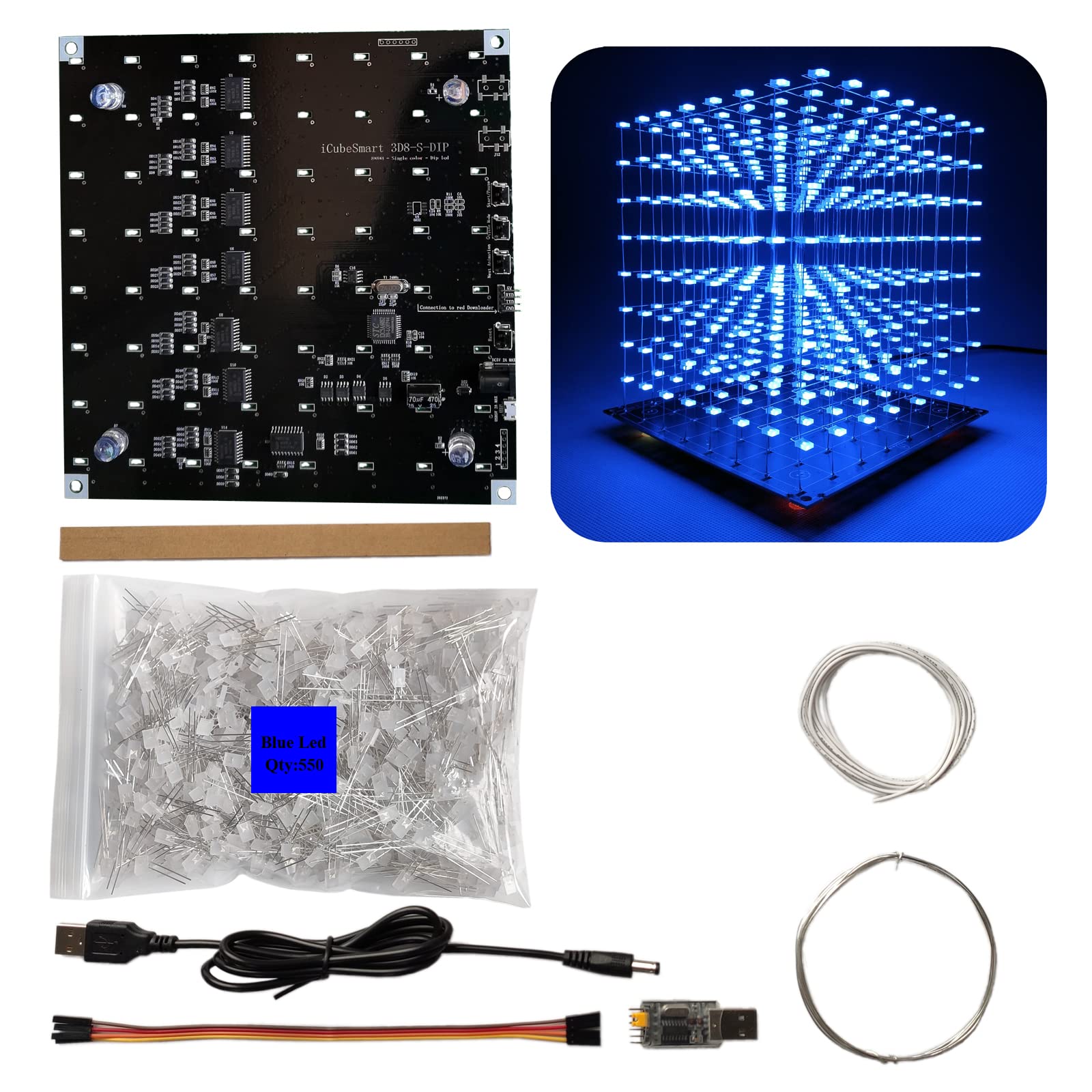 

iCubeSmart 3D8S-BLUE 8x8x8 LED Cube DIY Electronic Kit, Led Cube Soldering Practice, Hobby Electronics Craft Kit