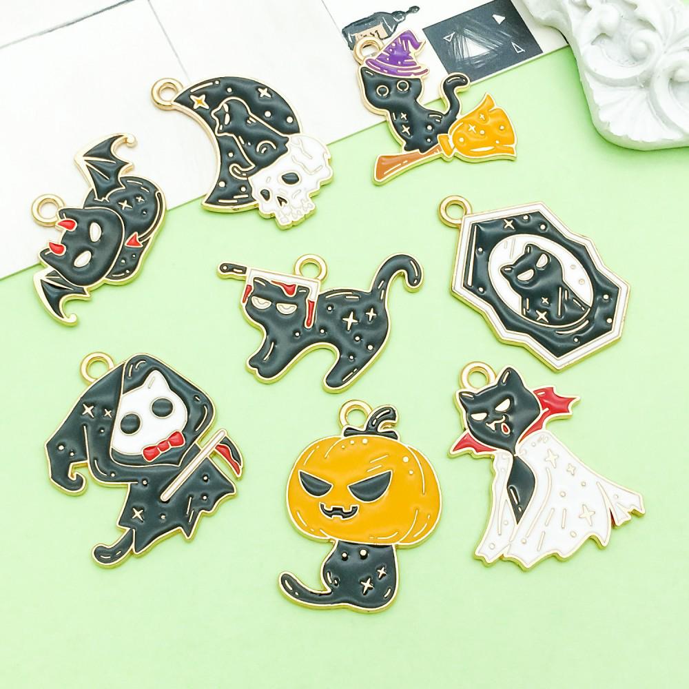 8-Piece Black Oil Drip Alloy Halloween Cartoon Cat Charms for DIY Jewelry