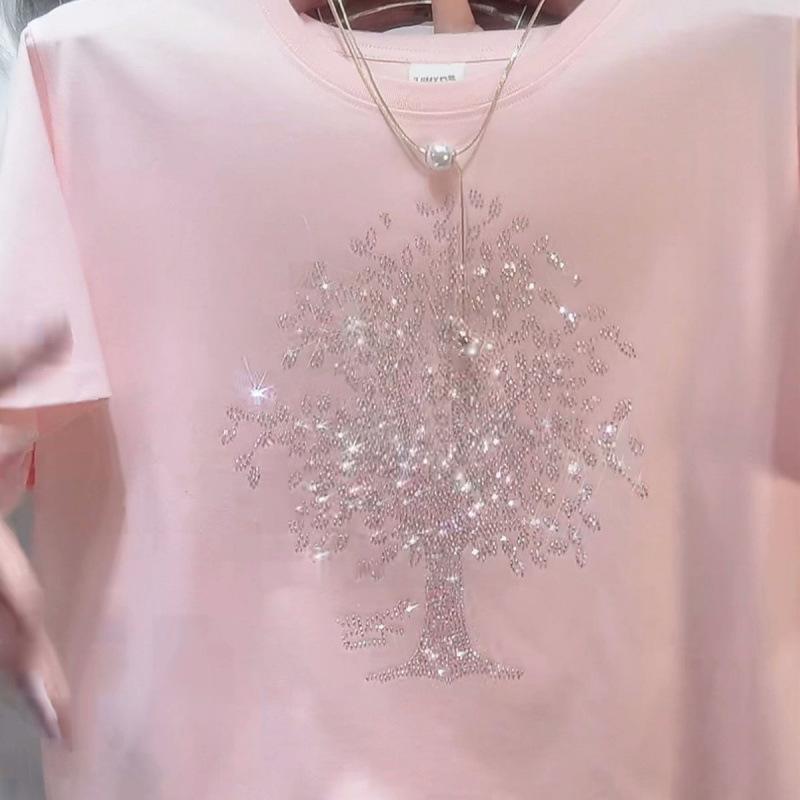 T-shirt Casual da Donna Estive per il Pendolarismo, Girocollo, Stampa Diamanti, Colore Unito, Manica Corta Larga, Top