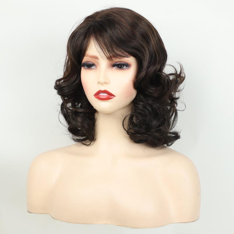 Synthetic Elegant Short Curly Wave Hair Brown Bob Wig Side Parting Wig for Women Natural Fluffy Daily Cosplay Party Use