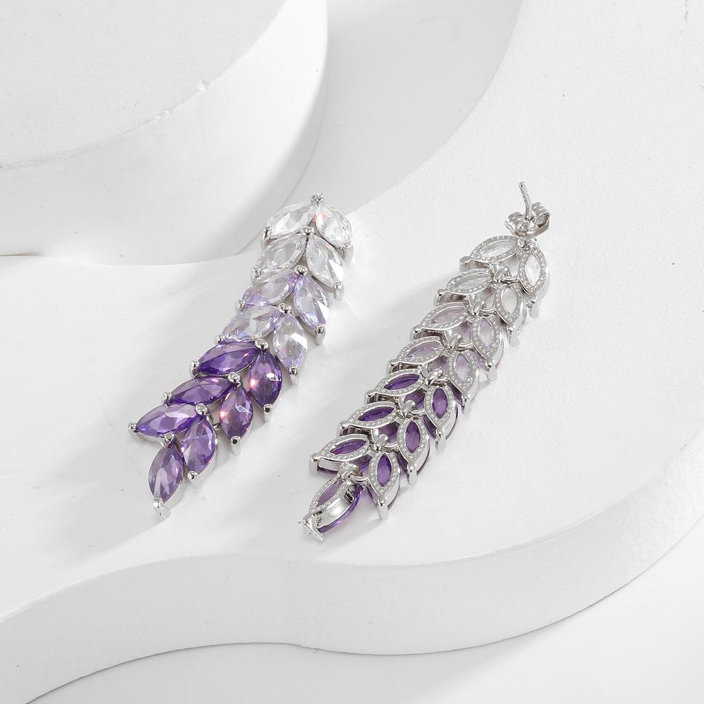 New Tassel Wheat Ear Earrings Purple Diamond Leaf Earrings Fashionable Exaggerated High-end Stud Earrings Ear Jewelry