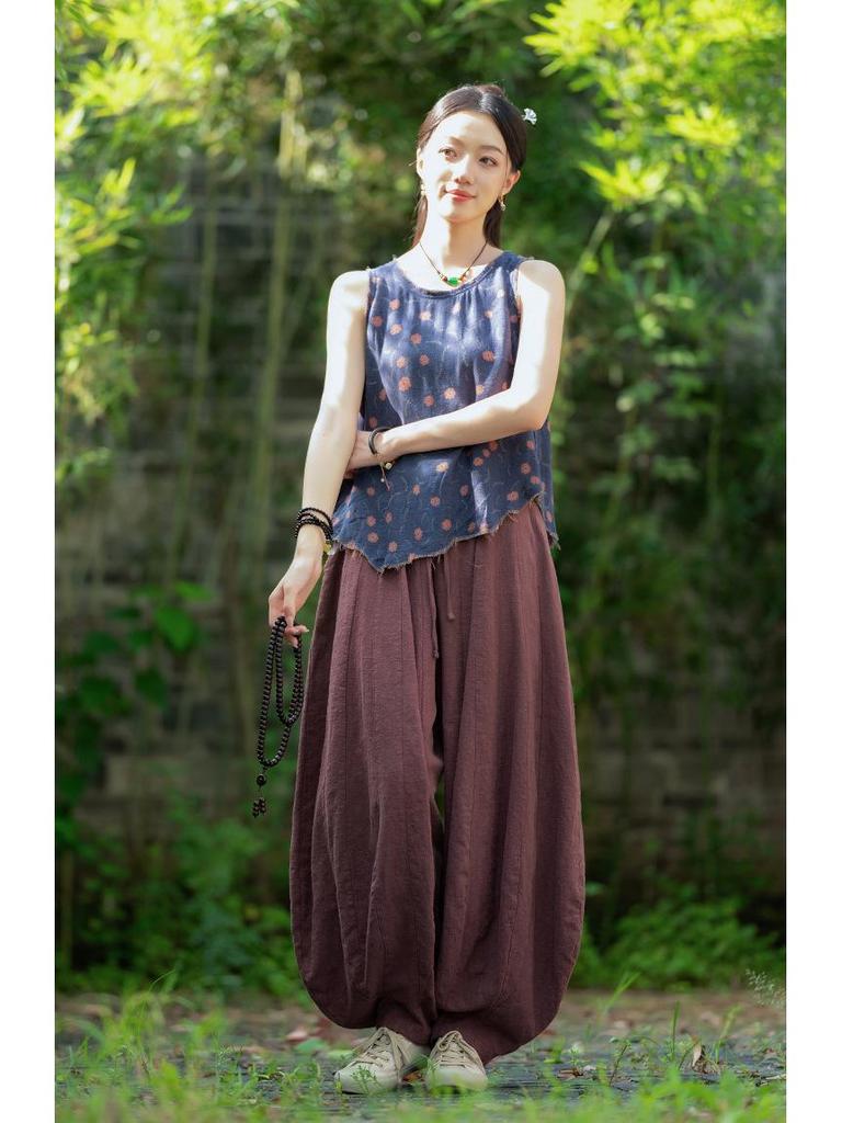Women's Artistic Retro Loose Cotton Linen Pumpkin Patchwork Lantern Pants