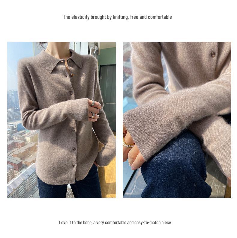Pure Wool Women's Polo Collar Knit Cardigan – Autumn/Winter, Solid Color, Skin-Friendly, Single-Breasted Outerwear.