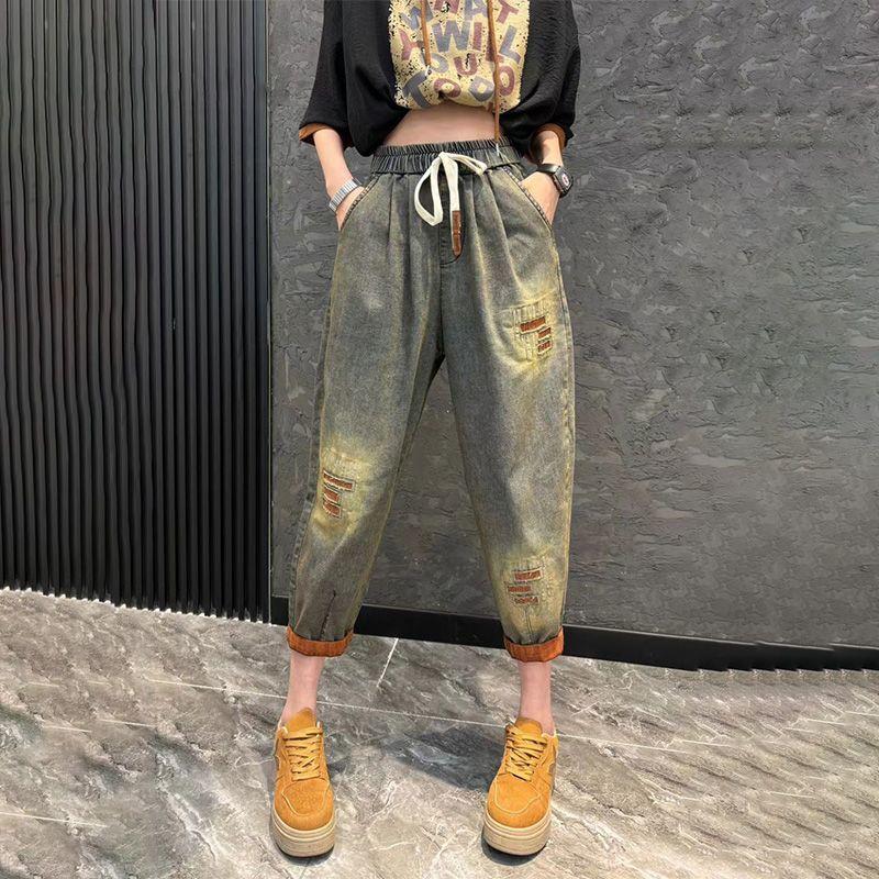 Traje informal de talla grande con personalidad, moda, con capucha, holgado, estampado, manga corta, vaqueros de nueve puntos, traje de dos piezas