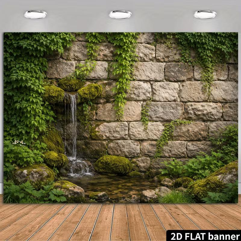 2D Enchanted Stone Wall Waterfall Photography Background