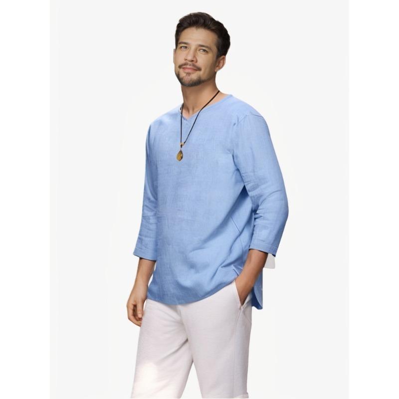 Summer Shirt Top Men's Three-quarter Sleeve V-neck Cotton and Linen Loose Shirt