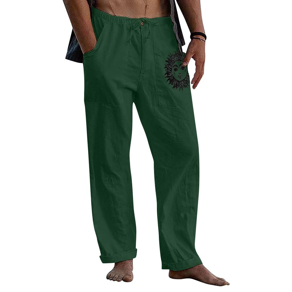 Men's Casual Loose And Comfortable Casual Pants Cotton Linen Printed Drawstring Trousers