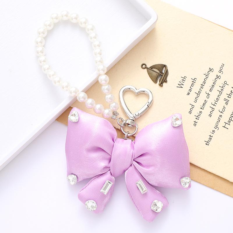 Stock Chic Pearl Beaded Keychain Pendant with a High-end Feel,sparkling Rhinestonesfabric Bow Decorationand Mobile Phone Strap