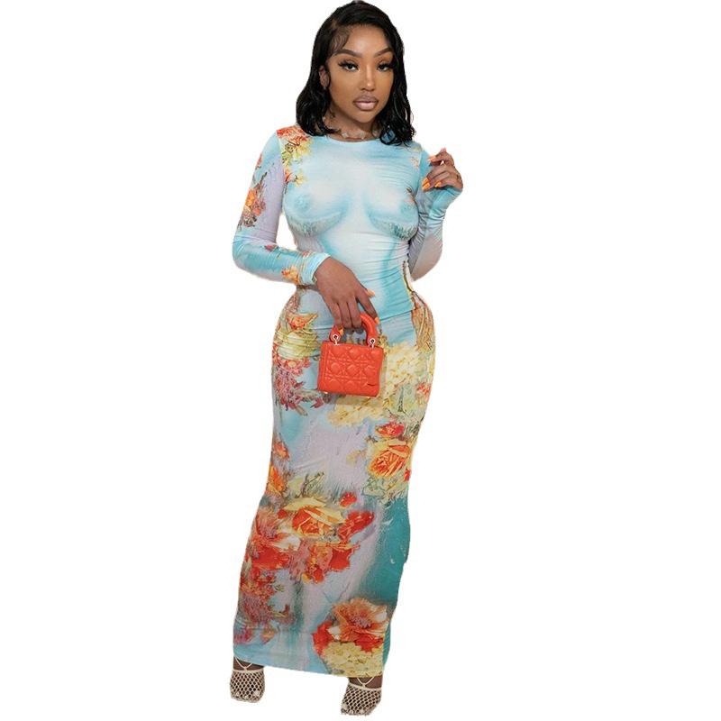European and American Style Fashionable Printed Round Neck Pullover Long Sleeved Dress with Buttocks Wrapped Long Skirt, Street Style Casual Dress