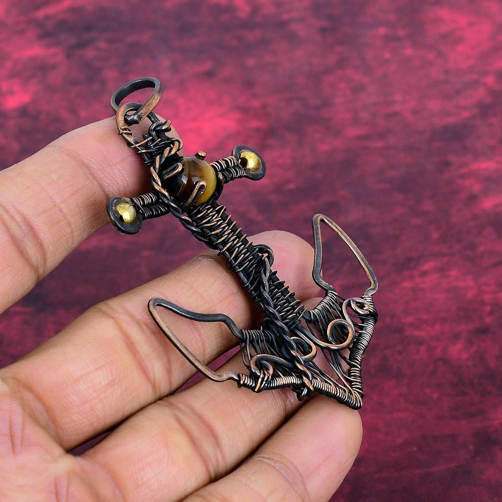 Tiger's Eye Pendant Anchor Design Jewelry Copper Wire Wrapped Gemstone Pendant