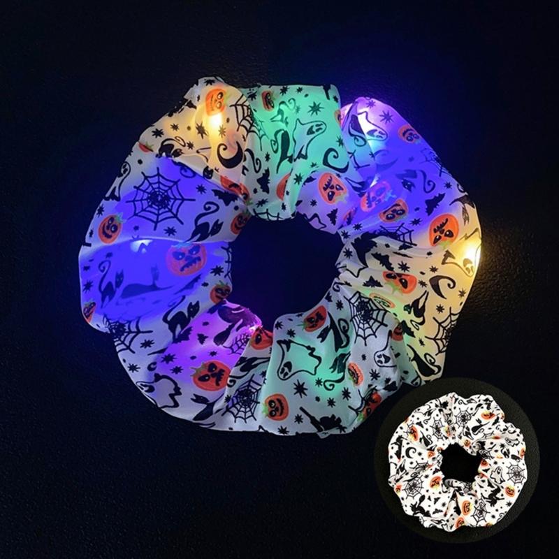 Glowing Pumpkin Hair Ties French Scrunchie Halloween Skull Pumpkin Bat Halloween Hair Style Tool Scrunchie
