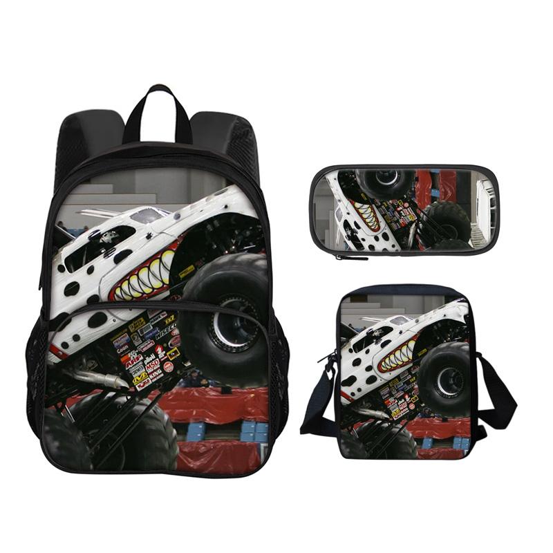 Monster Jam Round Front Bag Backpack Pen Bag Shoulder Bag 3Pcs Set Cartoon Print Student's Best Campus Companion Birthday Gift