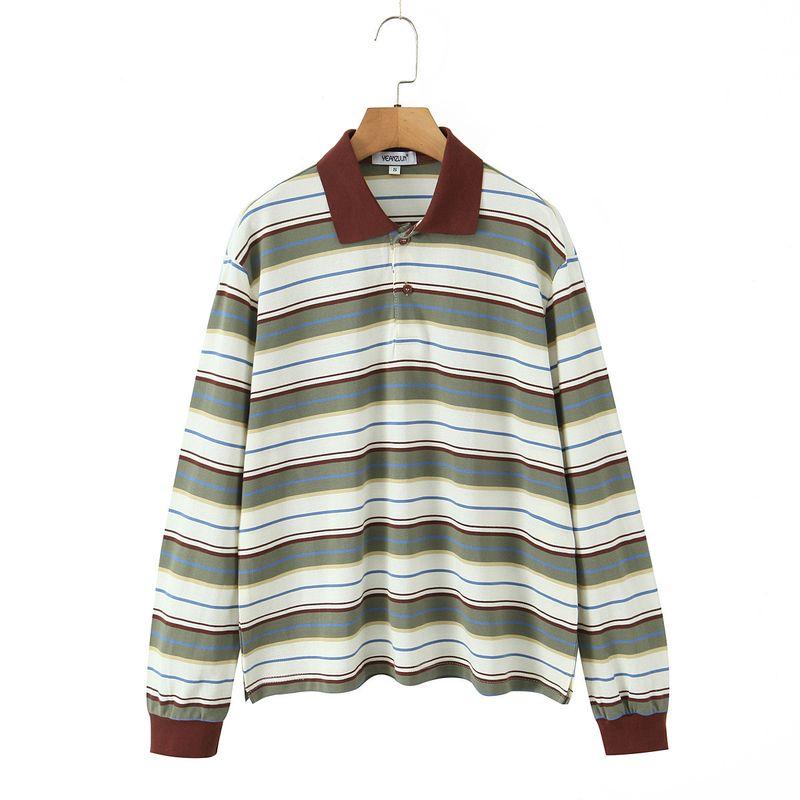 Zbzr New Fall Women's Clothing Fashion Wind Polo Collar Loose Casual Contrast Color Long Sleeves Stripes T-shirt-