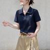 Top Polo para Mujer Primavera Verano Borde Festoneado Media Cremallera Bordado de Mini Lazo Casual Manga Corta Camiseta de Punto Preppy