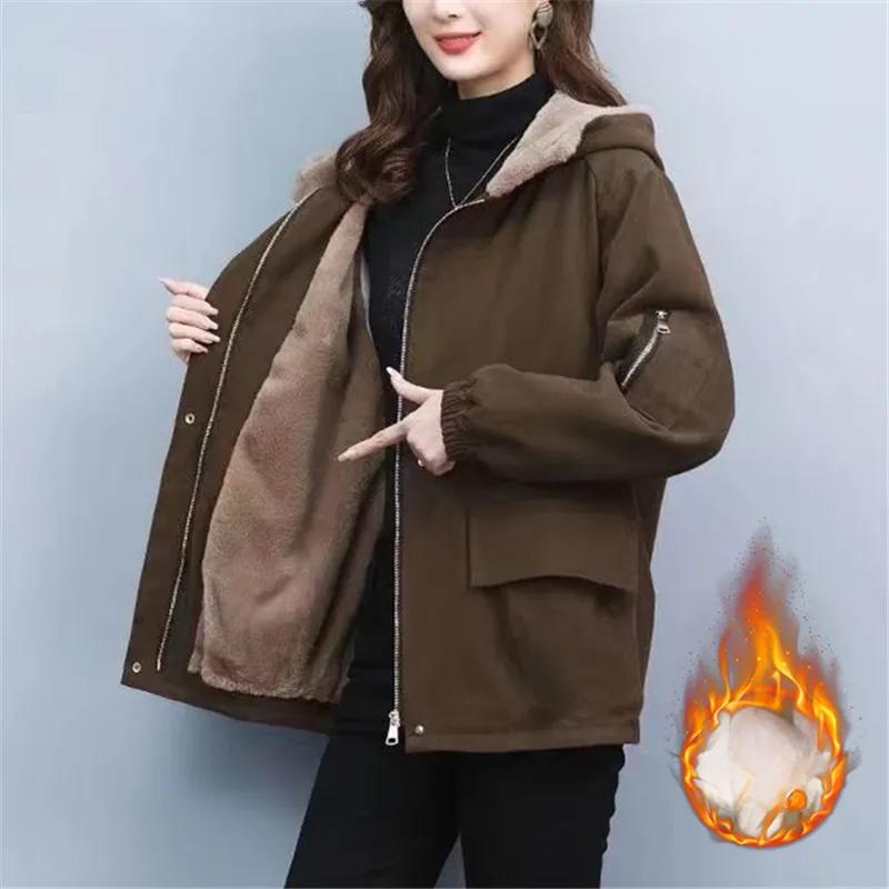 Winter Plus Velvet Warm Cotton Jackets Women    Padded Jacket Hooded Parka Overcoat   Casual Trench Coat