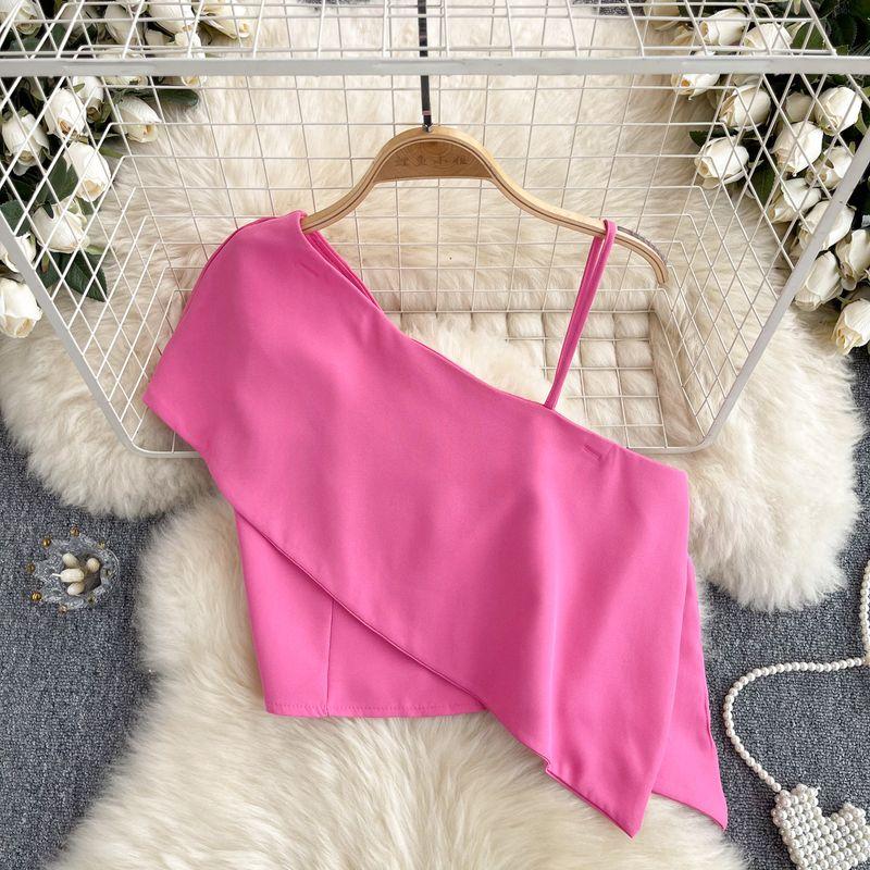 Sweet and Spicy Small Top Women's Stylish One-Shoulder Cold-Shoulder Single-Side Sling Silm Short Crop Top Versatile Holiday Small Shirt Fashion