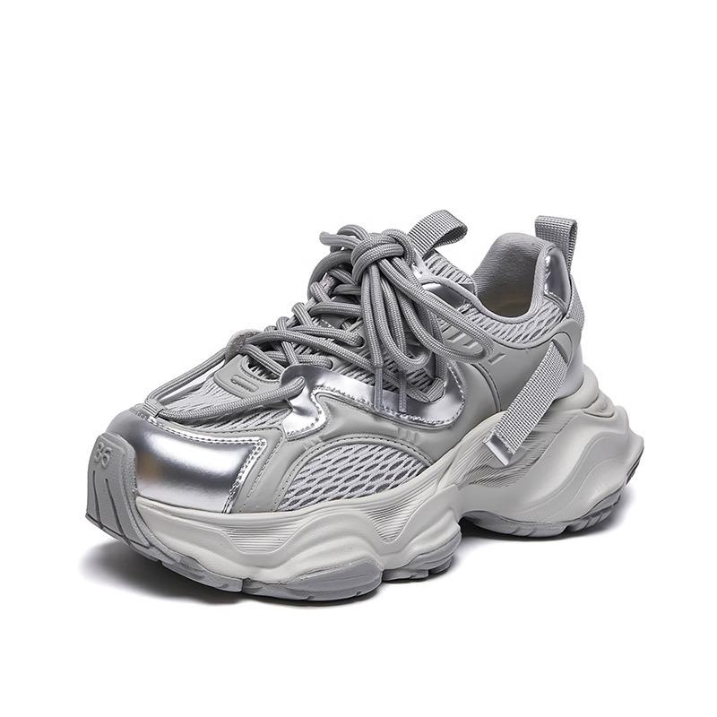 Paris dad shoes women's 2025 spring and summer new thick-soled heightened mesh breathable and lightweight silver casual sports shoes