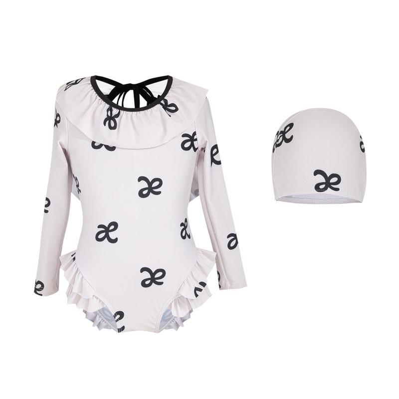 Girls  Korean Bow Print Long Sleeve Swimsuit Toddler One-Piece Swimwear 120 cm