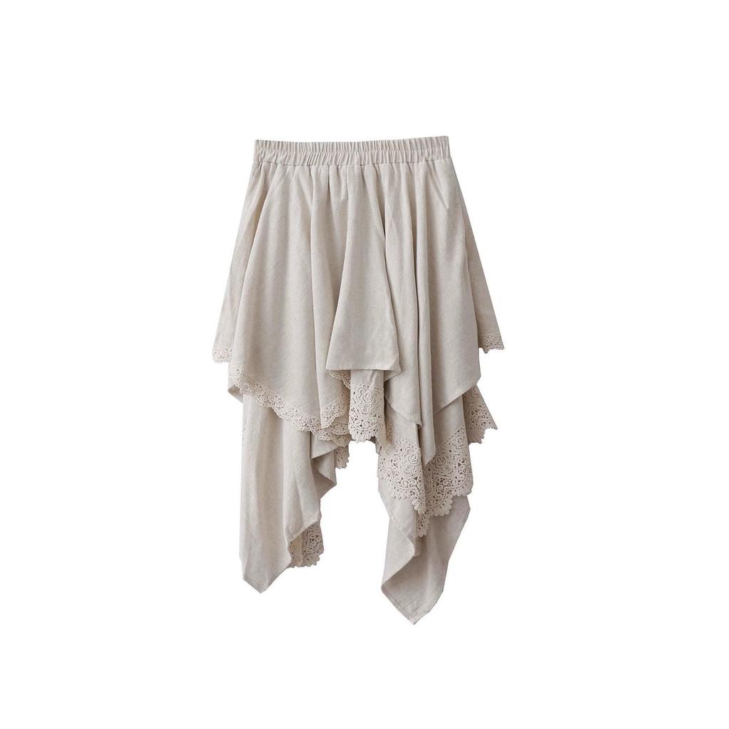 Women's Retro Hollow Lace Patchwork Linen A-line Skirt In Irregular Forest Style