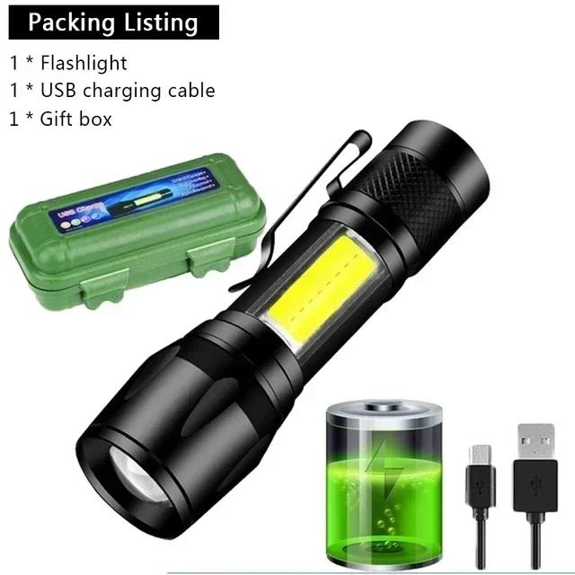 Mini Flashlight COB+XPE Portable Torch USB Charging Camping Lantern Zoomable Focus Light Tactical Flashlight with Pen Clip