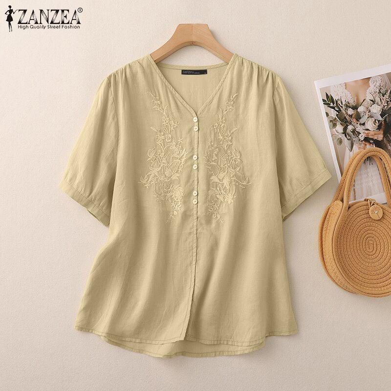 

ZANZEA Womens Casual V-neck Summer Short Sleeve Embroidery Blouse S фиолетовый