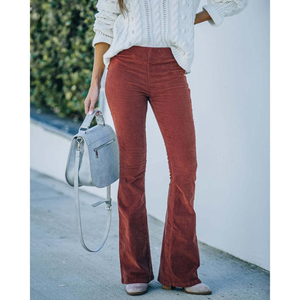 Women's High Rise Elastic Waist Corduroy Slim Fit Flare Pants Solid Color Commuter Casual Long Trousers