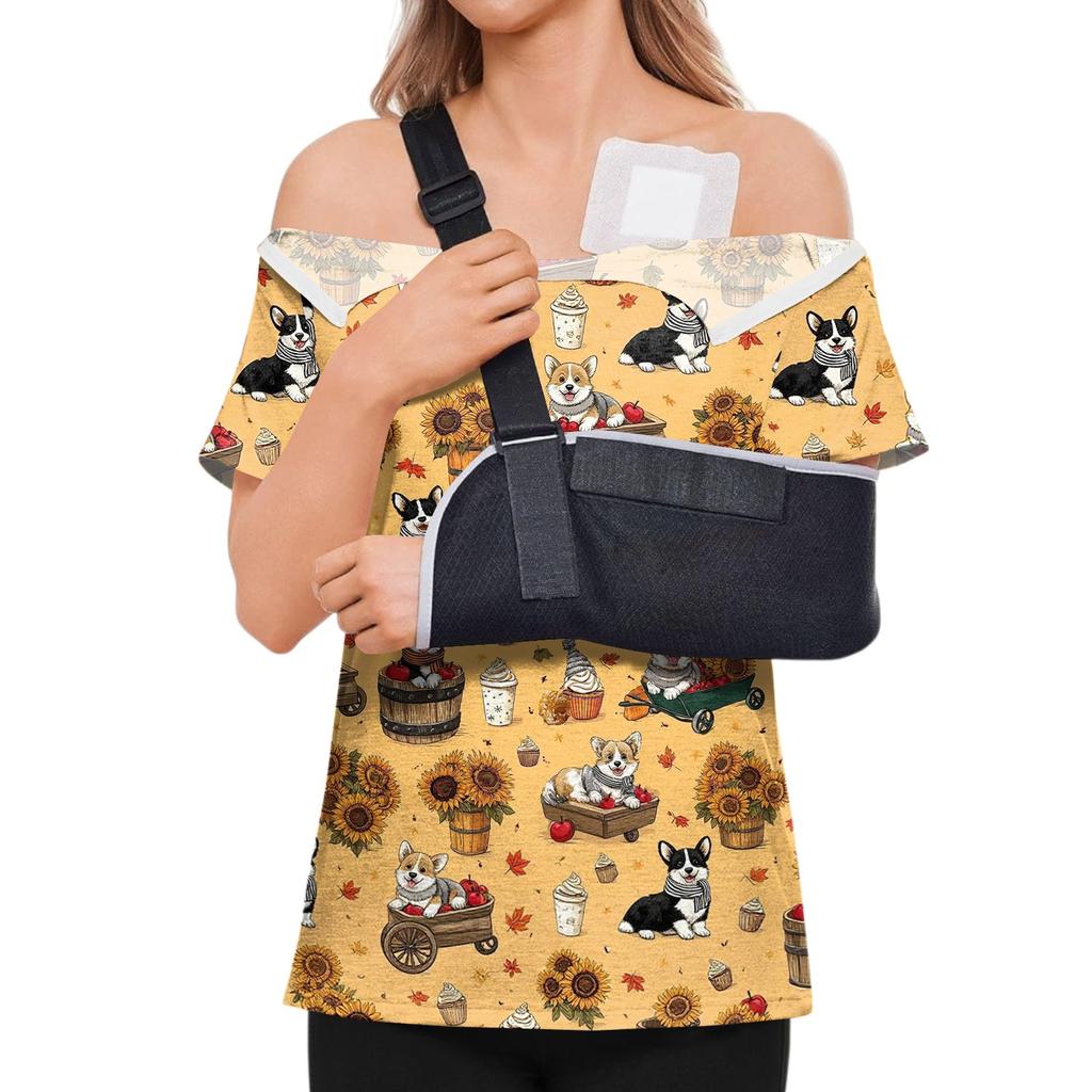 Post Surgery Shirt for Women Animal Print Short Sleeve Top with Shoulder Zipper Side Velcro Closure Comfortable Fit Recovery Wear