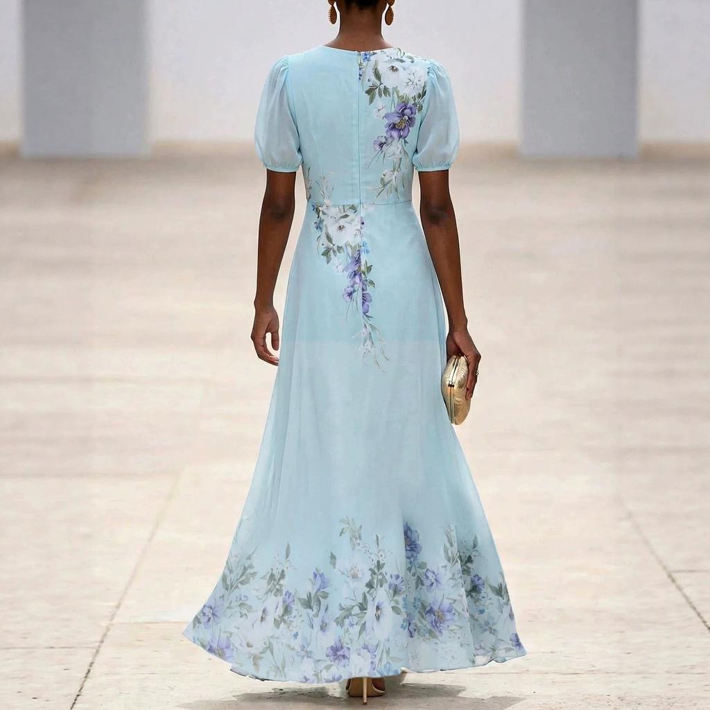 2026 new European and American women's clothing perspective short-sleeved V-neck digital printing long dress flower fashion dress