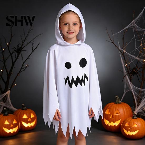 Weicher Atmungsaktiver Party-Kleidung Halloween Geisterumhang mit Kapuze, Lockerer Schnitt Unregelmäßiger Saum Kostüm Universelle Dekoration für Cosplay-Party, Weiß Spukhaft